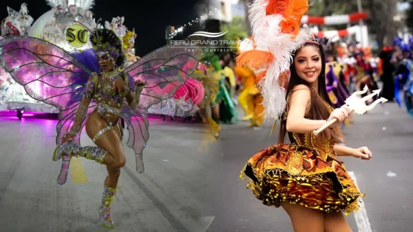 Carnival in Brazil vs Carnival in Peru mostrando el contraste entre el vibrante desfile de samba de Brasil con trajes elaborados y una bailarina tradicional del Carnaval en Perú durante una celebración callejera.