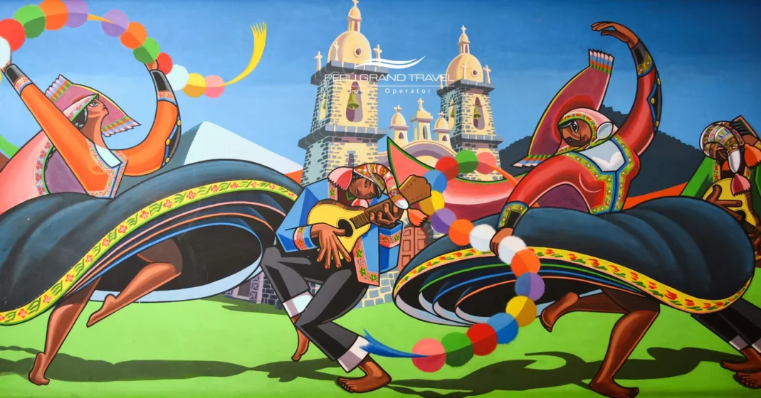 Ilustración artística de danzas andinas representando el Centro Qosqo de Arte Nativo en Cusco