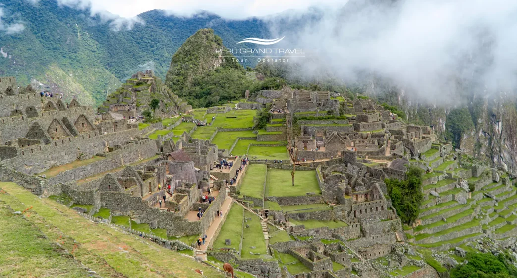 ¿Por qué Machu Picchu es famoso? 2 Vista panorámica de Machu Picchu que muestra terrazas incas y estructuras de piedra en los Andes.