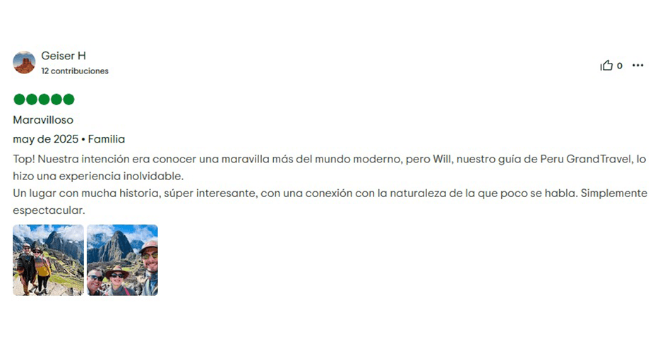 comentario en tripadvisor de la visita a machu picchu, compartiendo las experiencias