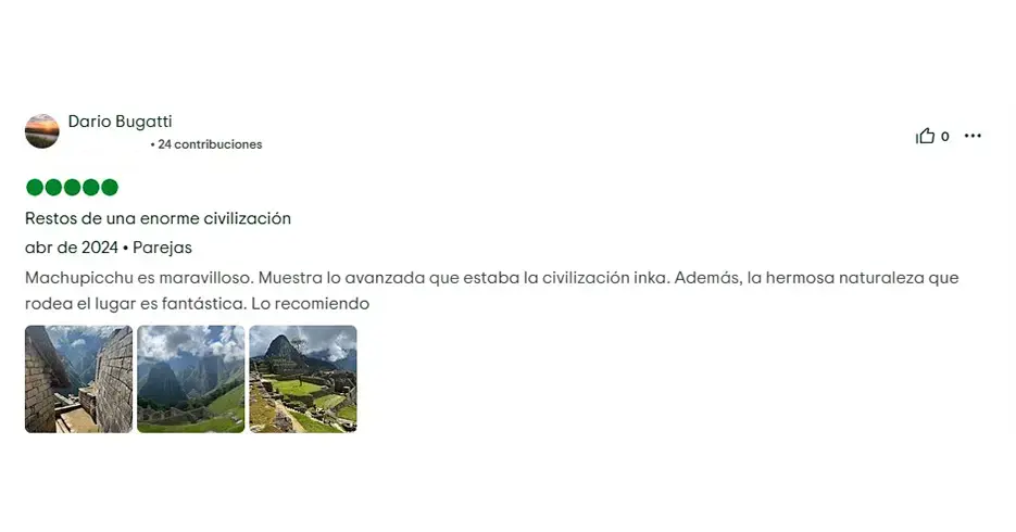 comentario en tripadvisor tras visitar machu picchu con la agencia peru grand travel