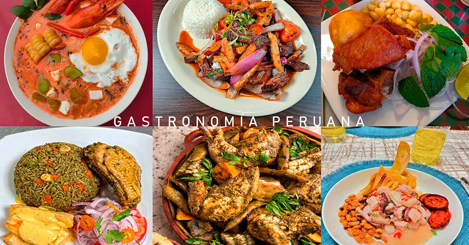 Varias comidas típicas de Perú, como el ceviche, lomo saltado, chicharrón y otros platos servidos en platos en su mayoria blancos