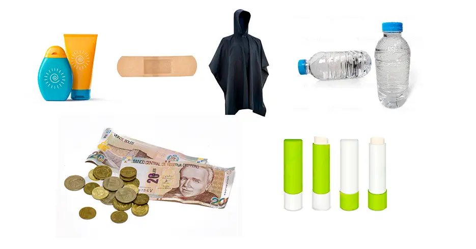 ¿Vas a la Laguna Humantay? Prepárate con estos tips 4 equipamiento extra para el trekking de la laguna humantay, bloqueador solar, curitas, poncho de agua, agua, dinero en efectivo y balsamo labial.