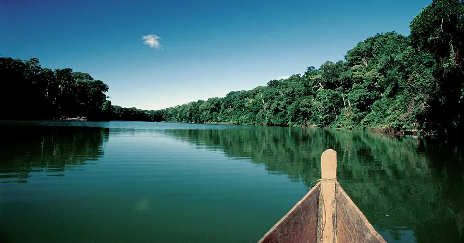 Vista desde un bote al Lago Sandoval en la Amazonia peruana, cielo celeste y mucha vegetación alrededor