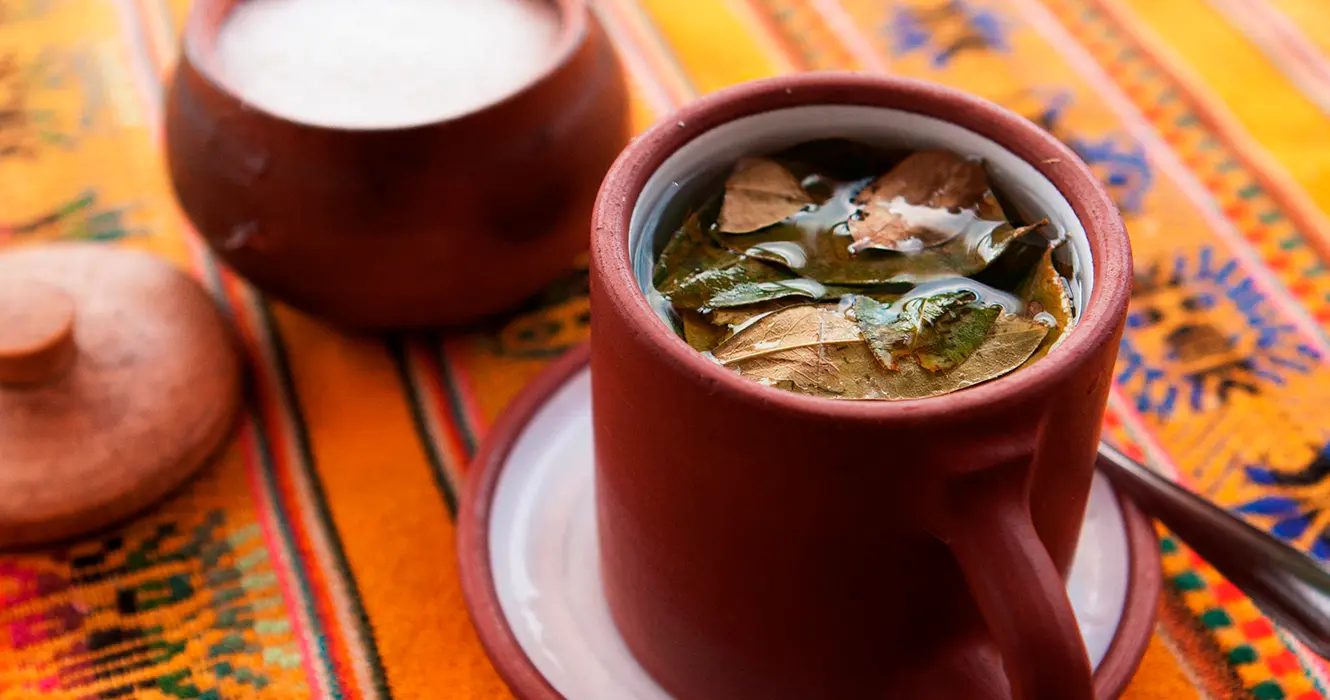 te de coca, en una taza de color rojo con vista de las hojas de coca